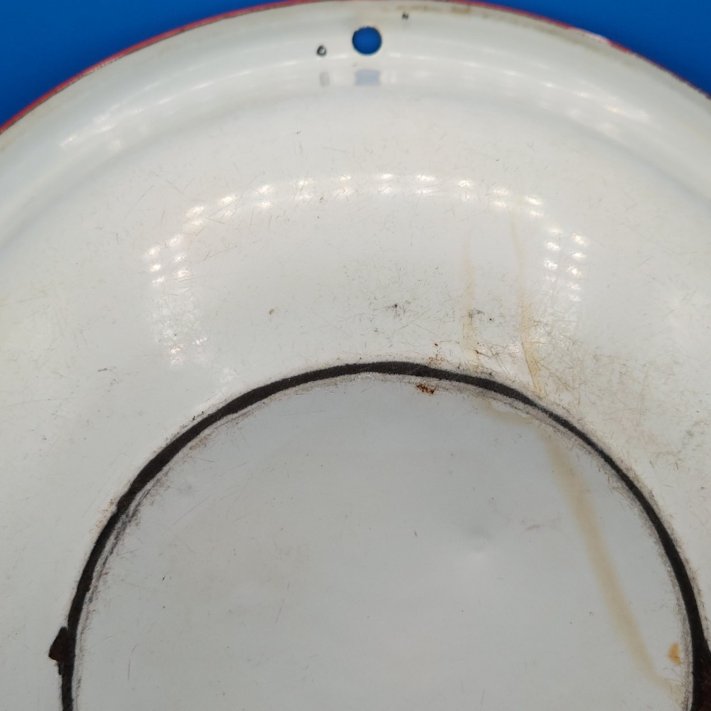 Vintage Round White Enamel Basin with Red Rim - Picture 10 of 11